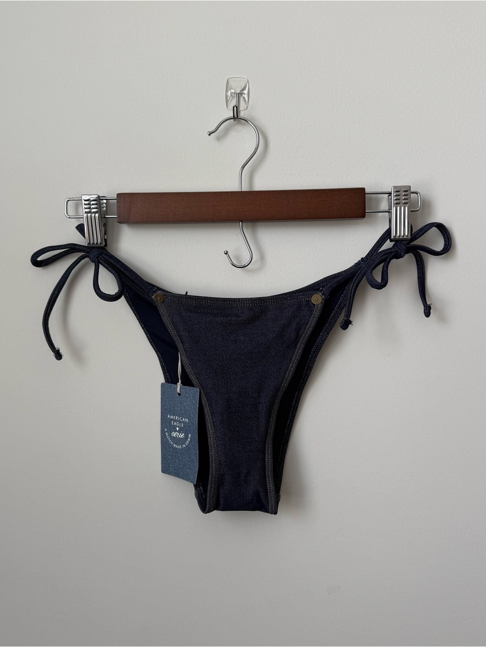 NEW American Eagle x aerie Faux Denim Tie Bikini Bottom Cheeky Size XS‎ UPF50